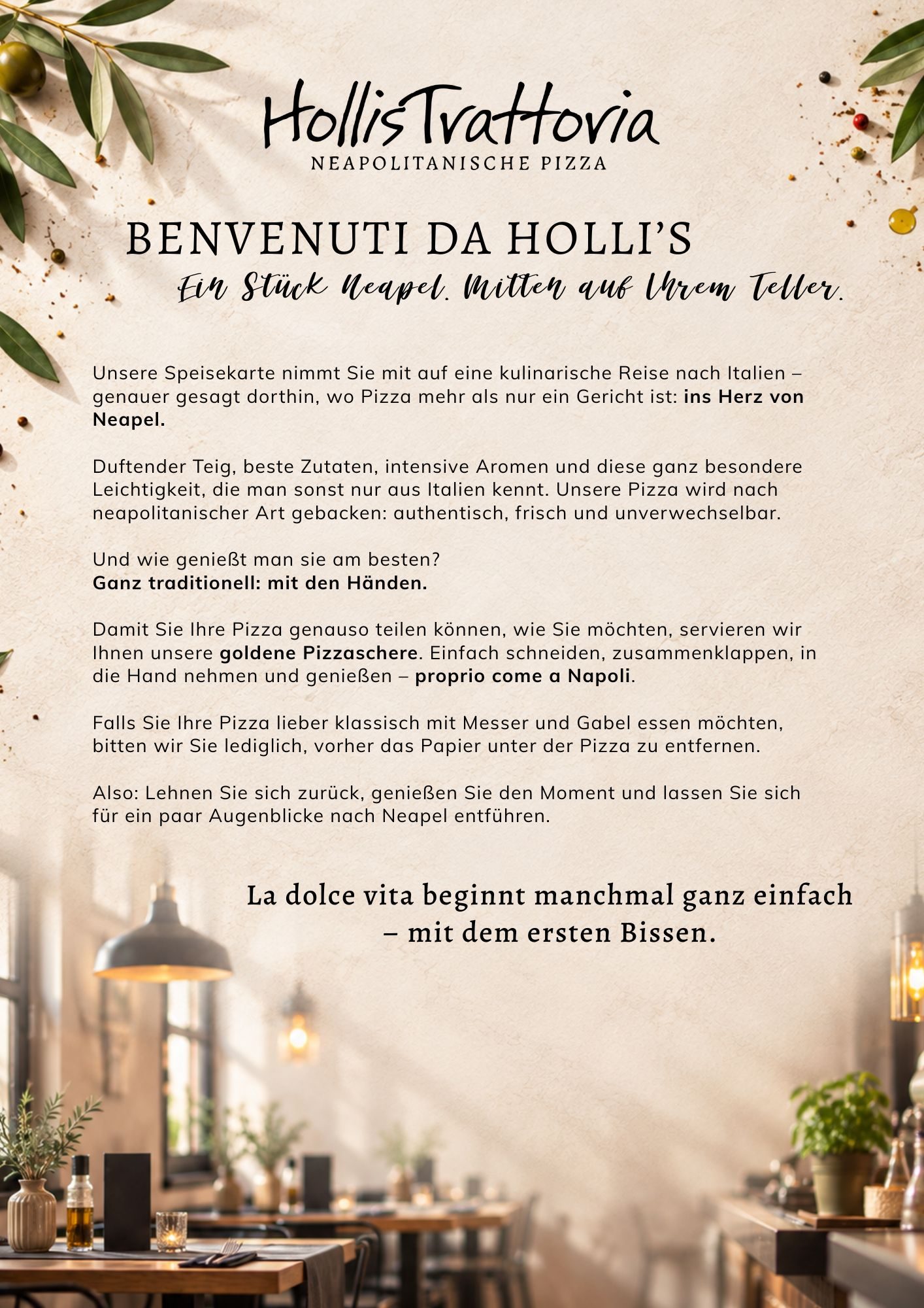 Benvenuti da Holli's – Speisekarte der HollisTrattoria in Seligenstadt, neapolitanische Pizza