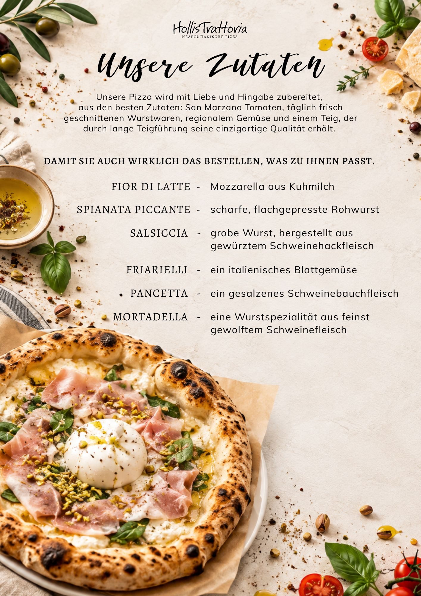Unsere Zutaten – Speisekarte der HollisTrattoria in Seligenstadt, neapolitanische Pizza