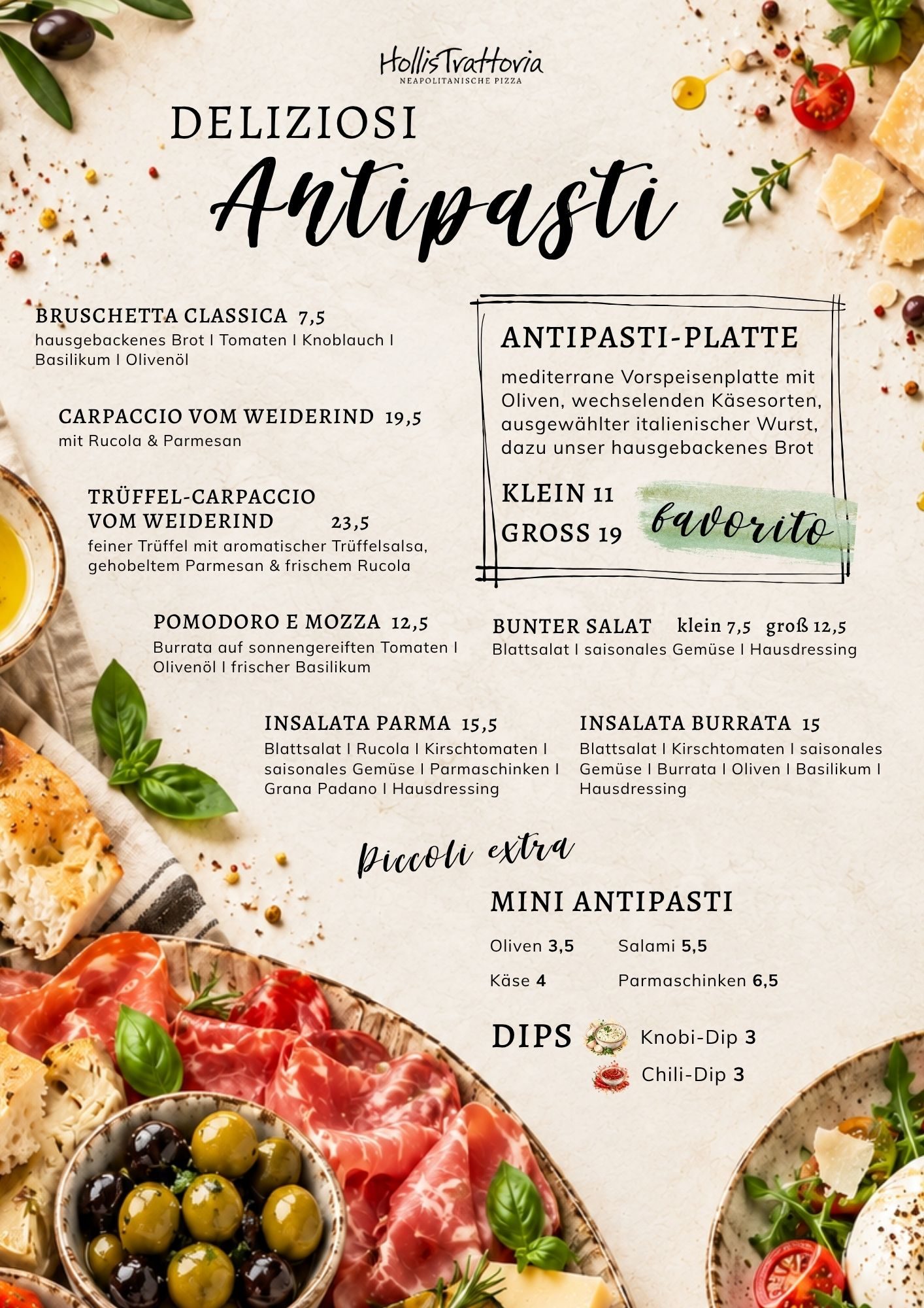 Antipasti & Salate – Speisekarte der HollisTrattoria in Seligenstadt, neapolitanische Pizza