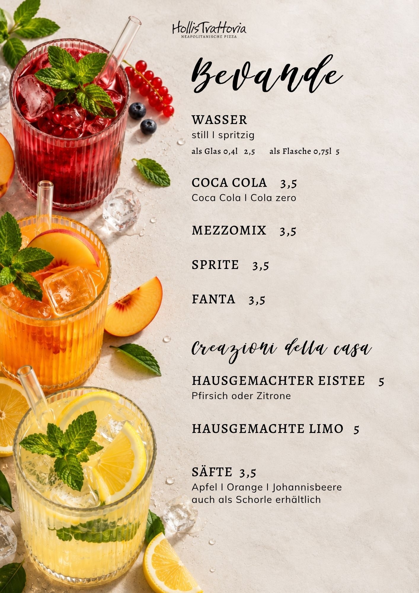 Bevande – alkoholfreie Getränke – Speisekarte der HollisTrattoria in Seligenstadt, neapolitanische Pizza