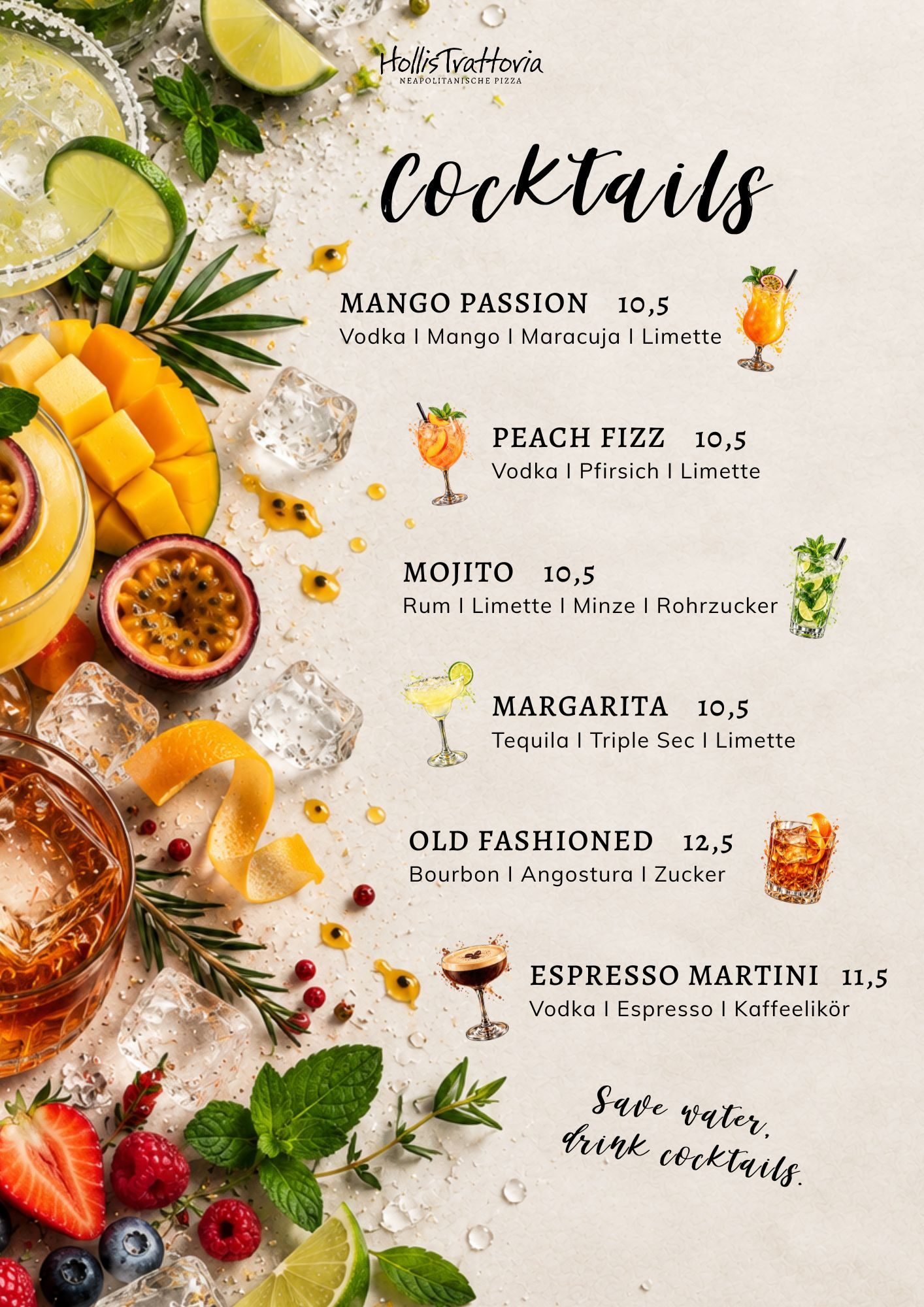 Cocktails – Speisekarte der HollisTrattoria in Seligenstadt, neapolitanische Pizza