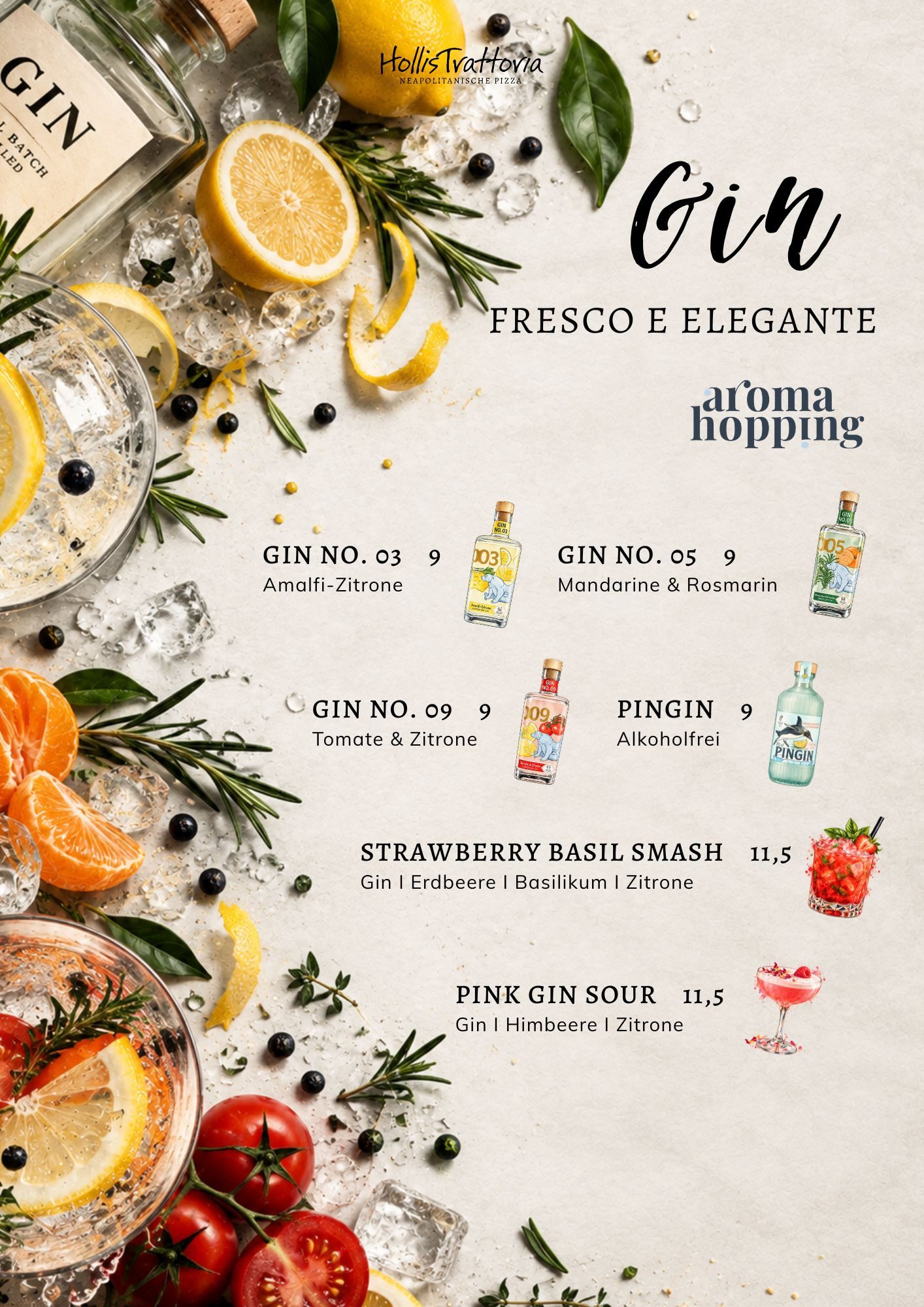 Gin – Speisekarte der HollisTrattoria in Seligenstadt, neapolitanische Pizza