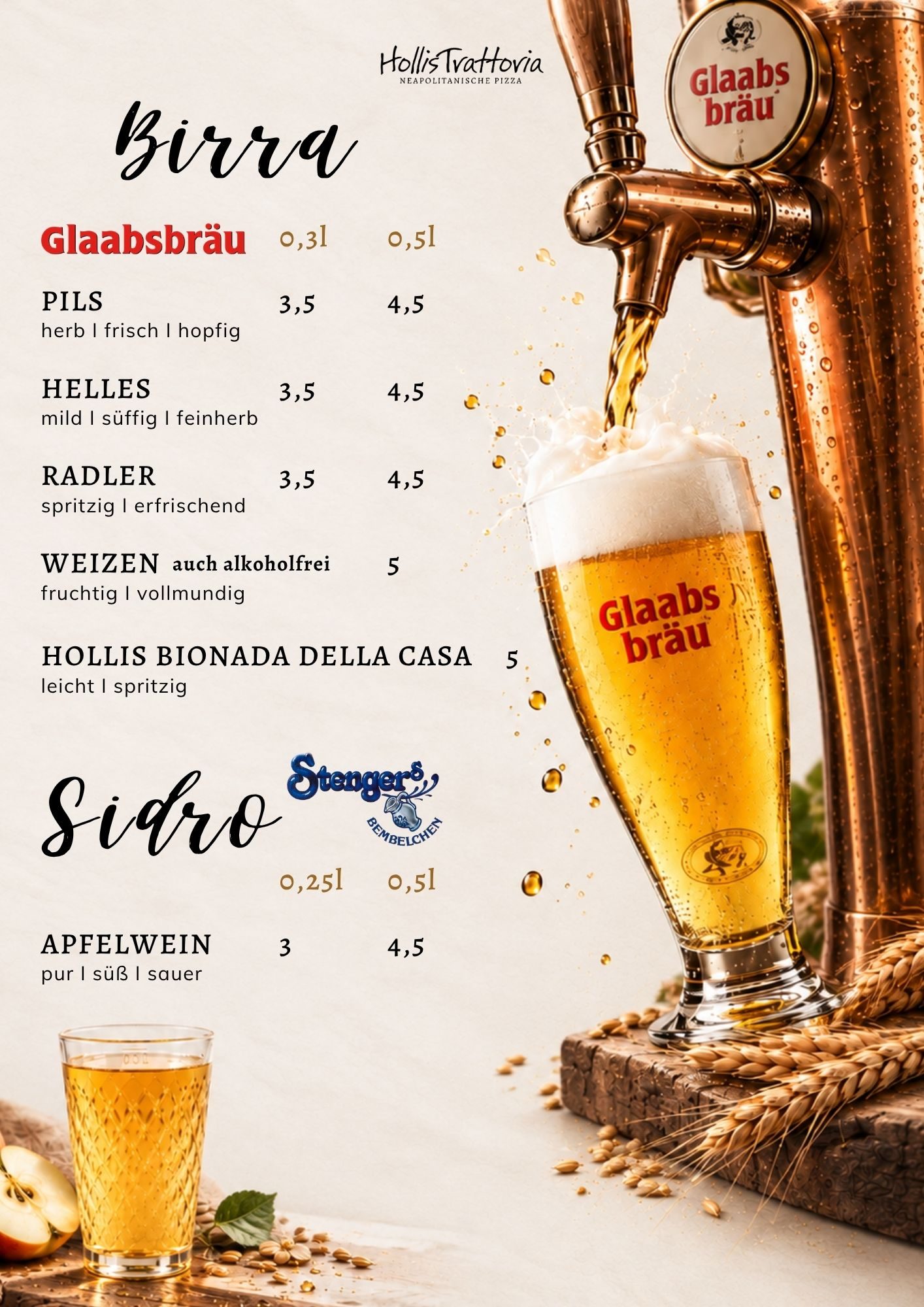 Birra & Apfelwein – Speisekarte der HollisTrattoria in Seligenstadt, neapolitanische Pizza